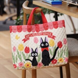 Studio Ghibli Kiki’s Delivery Service Quilted Jiji Tulips Lesson Tote Bag NWT